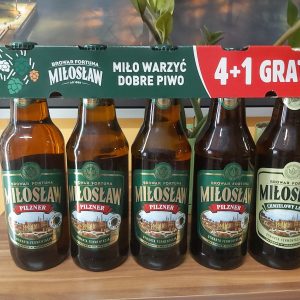 Zestaw Piwo Miłosław Pilzner  0,5 L 4 szt. + Lager Chmielowy 0,5 L 1 szt. Gratis but. zwr.